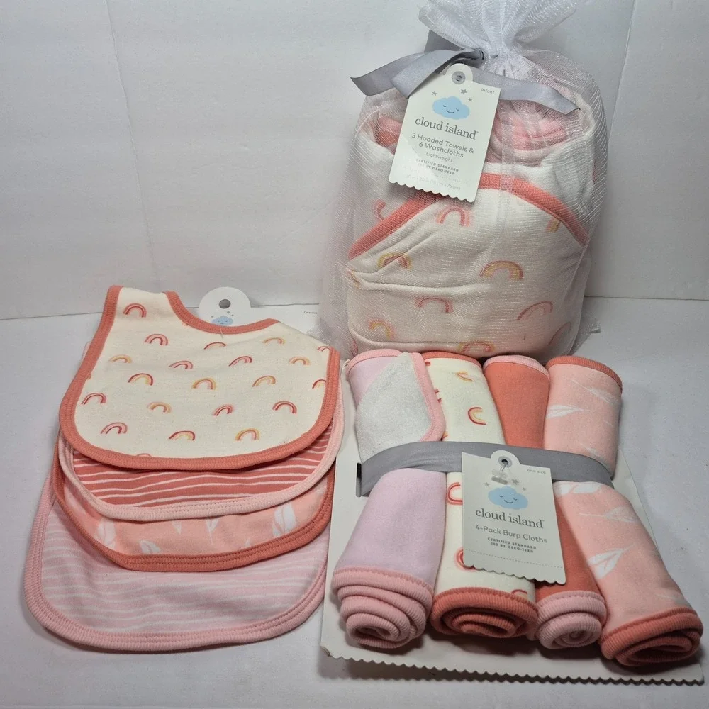 Cloud Island Coral Rainbow Print Infant Baby Shower Gift Set 17 Pcs Bib Towels